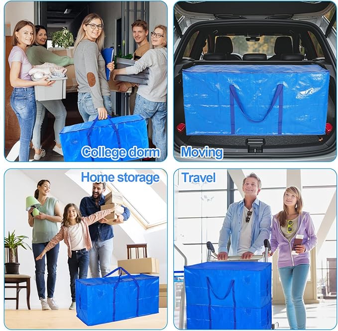 66 Gallon Extra Large Moving Bags - Heavy Duty Storage Bags with Zipper & Strong Handles, Blue Packing Bag for Moving, Storage, Travel and Camping, College Dorm & Home Supplies, 2 Pcs