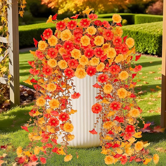 2 Pcs Artificial Hanging Flowers for Outdoor Fall Decoration, 2 Pcs UV Resistant Fake Fall Morning Glory Flowers Faux Petunias for Home Front Door Patio Decor (Orange Yellow)