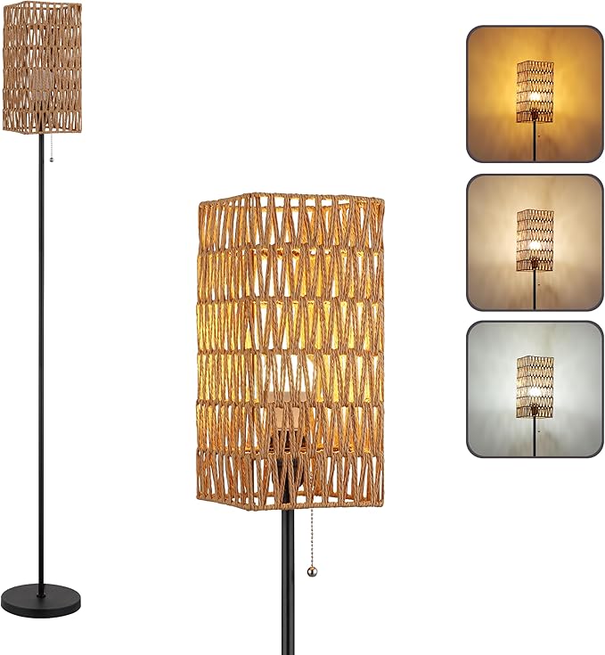 Floor Lamp for Living Room,Farmhouse Rattan Floor lamp,Modern Standing lamp with Hand-Worked Rattan Shade,Black Tall Lamp with Chain Switch (Square Shade)