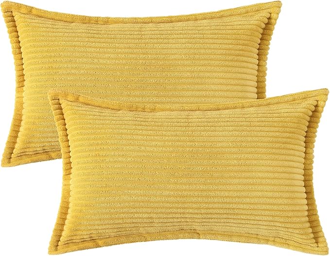 Mecatny Corduroy Throw Pillow Covers 12x20 Set of 2, Neutral Decorative Soft Boho Lumbar Couch Pillow Covers with Broadside for Sofa Living Room, Mustard Yellow