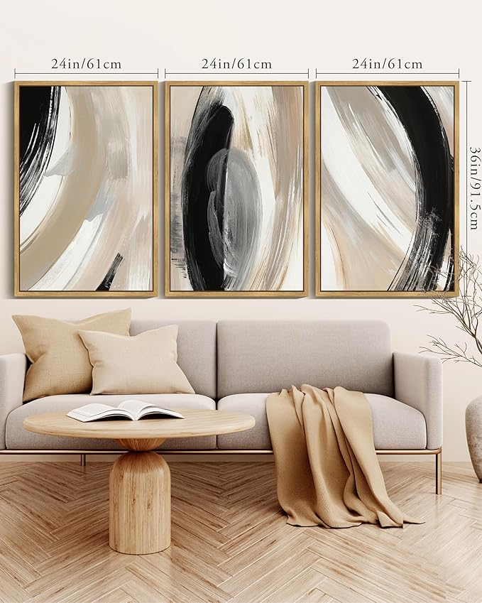 KUVIOKE Black Neutral Abstract Framed Wall Art Modern Minimalist Graffiti Pastel Wall Decor Art for Bedroom Living Room Hallway Ready to Hang 24x36in (Natural Framed)