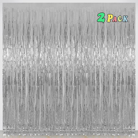 Silver Backdrop Curtains for Parties, Melsan 3.2 x 8 ft Foil Fringe Curtains Backdrop for Birthday,Engagement,New Year Eve, Disco Party Backdrop Decorations, Pack of 2