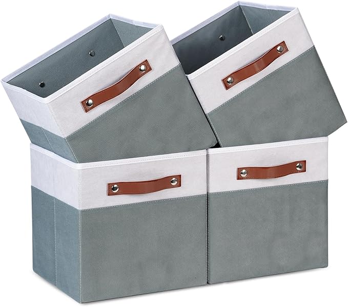 Temary 11x11 Storage Cubes Fabric Cube Storage Bins with Handles Clothes Storage Boxes Baskets for Organizing Home, Shelf, Closet (White&Grey, 11 x 11 x 11)
