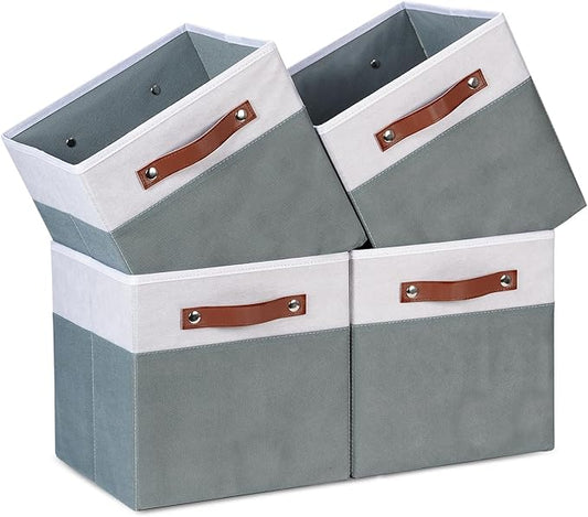 Temary 11x11 Storage Cubes Fabric Cube Storage Bins with Handles Clothes Storage Boxes Baskets for Organizing Home, Shelf, Closet (White&Grey, 11 x 11 x 11)