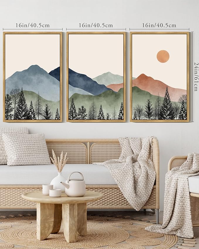 KUVIOKE Mountain Landscape Framed Wall Decor Boho Sun Rise Watercolor Nature Art Prints Farmhouse Rustic Bedroom Dining Living Room Decor 16x24in (Natural Framed)