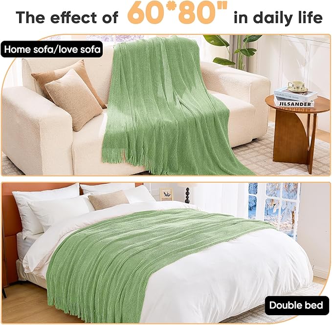 inhand Knitted Basil Throw Blanket for Couch Bed,Chunky Chenille Woven Soft Warm Christmas Blankets Gifts for Women with Tassels,Lightweight Cozy Boho Farmhouse Fall Winter Decor,60"x80",Medium Thick