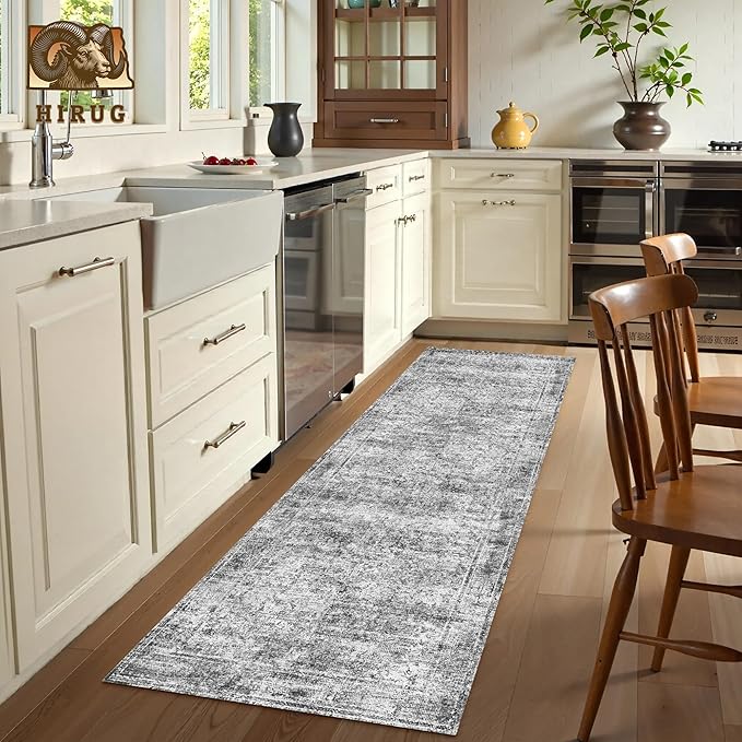 Washable Area Rug 2'6'' x 8' Vintage Traditional Persian Mat - Foldable Distressed Non-Slip Machine Washable Carpet for Living Room Bedroom Kitchen Home Decor - Graphite and Mist
