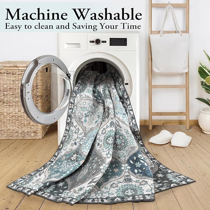 Lahome Moroccan Washable Area Rug 6x9, Ultra-Thin Large Living Room Rugs for Bedroom, Oriental Trellis Distressed Non Shedding Throw Carpet for Dining Room Office, Blue