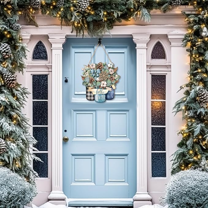 Boao Welcome Winter Door Decoration Hello Winter Wooden Sign Wall Snowflake Hanger Plaque for Christmas Outdoor Indoor Farmhouse Porch Decor