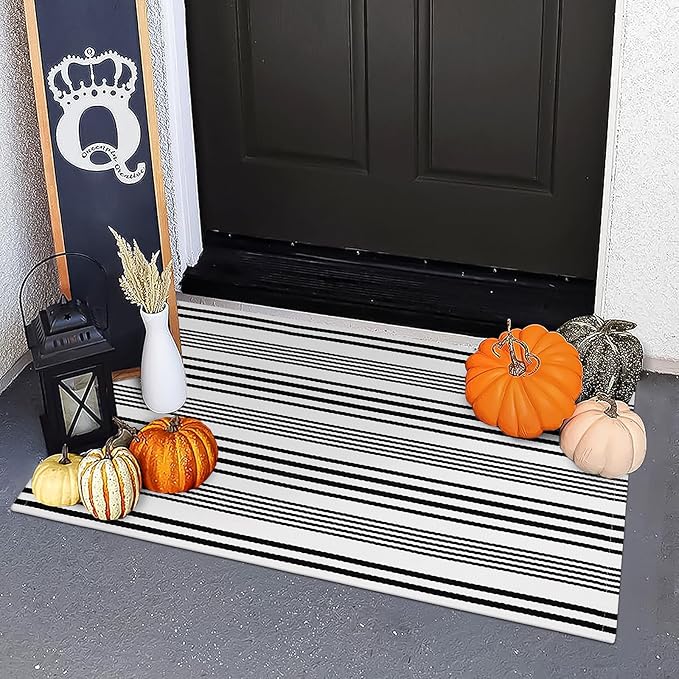 OJIA Fall Front Door Mats Outdoor 24"x35", Cotton Woven Halloween Doormat Front Door Rug Washable Indoor Door Mat Black and White Outdoor Rugs Striped Rug for Porch Decor/Farmhouse/Entryway