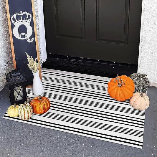 OJIA Fall Front Door Mats Outdoor 24"x35", Cotton Woven Halloween Doormat Front Door Rug Washable Indoor Door Mat Black and White Outdoor Rugs Striped Rug for Porch Decor/Farmhouse/Entryway