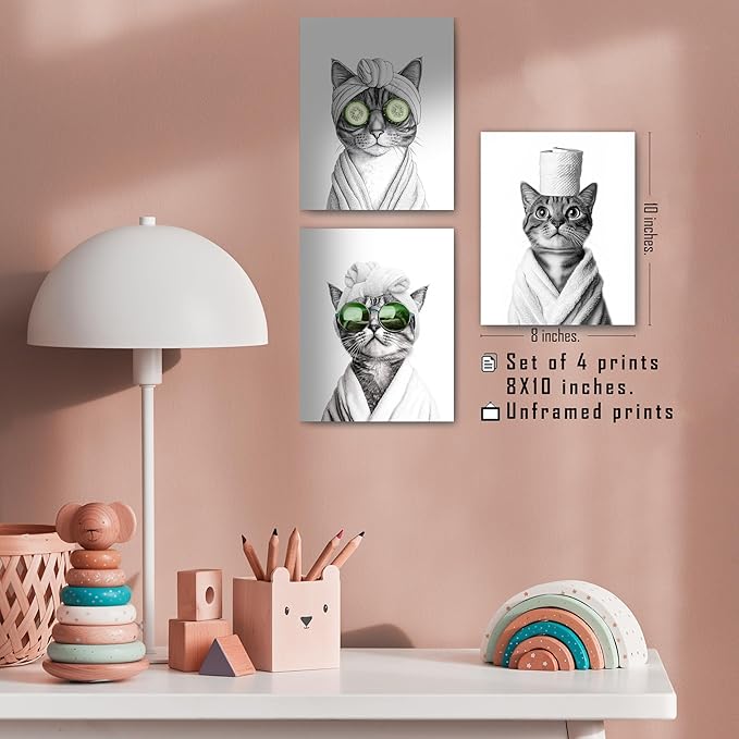 FITIE Funny Cat Bathroom Wall Art Prints Set of 3, Black and White Funny Cat Wall Art Posters for Bathroom Washroom Restroom Decor, 8x10 Unframed