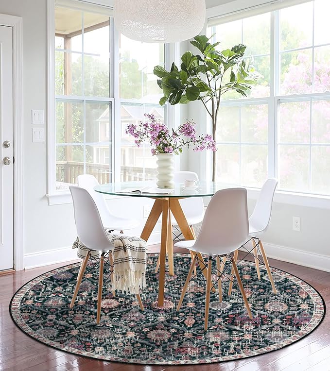 Lahome Moroccan Trellis Washable Round Area Rug, Round Rug 5ft Soft Non-Slip, Non-Shedding Distressed Circle Carpet for Bedroom Living Room Bathroom Nursery Kitchen, Black/Multi