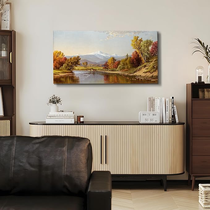 crmotu Fall Large Wall Art, Autumn Landscape Canvas Painting, Countryside Mountain River Art Prints, Natural Scenery Vintage Wall Decor Living Room Bathroom Bedroom Aesthetic Decor Pictures 20"X40"