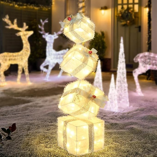 Christmas Lighted Gift Boxes Decorations Set of 4, 2.8Ft Stackable Christmas Nesting Boxes Battery Operated for Home and Party Decoration (8"-6"-5"-4", Silver Bow)