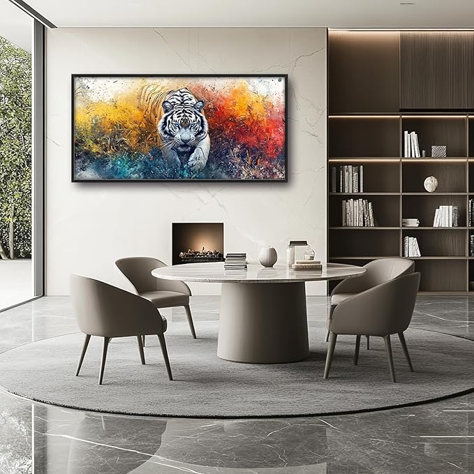 Extra Large Framed Abstract White Tiger Wall Art,Oversized Colorful Cool Tiger Wall Decor,Wild Animal Pictures for Living Room,Canvas Print Painting Modern Artwork Bedroom Office Bathroom 60L x30W