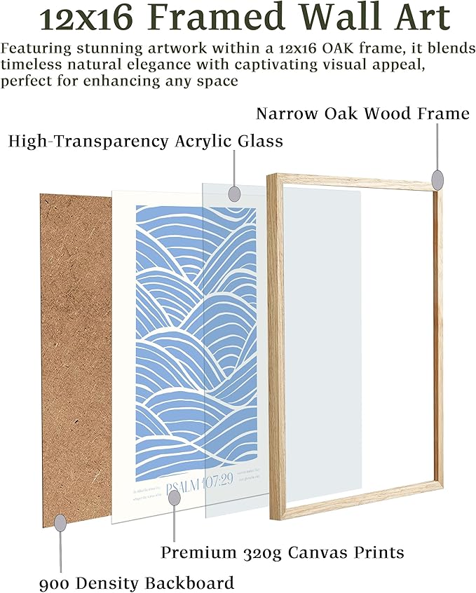 EcoHest Modern Christian Ocean Waves Framed Wall Art, 12x16 in OAK Wood Christian Psalm 107:29 Canvas Wall Art, Beige Logs Storm Home Decor Set of 1 for Bedroom Living Room