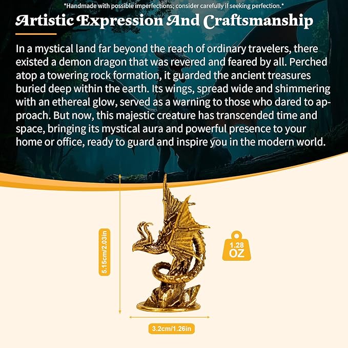 CHOVY Majestic Demon Dragon Perched on Rock Wings Spread - Handcrafted Retro 100% Solid Brass-Ideal Home Decor Desk Ornament Collectible Artwork Office Accent Artistic Scene Decoration