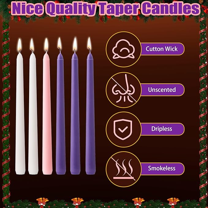 Advent Candles Set of 6, Dripless Advent Taper Candles with 3-Purple 1-Pink 2-White, Christmas Advent Taper Candle 10 Inch Long for Holidays, Celebrations, Devotional, Church, Wreath