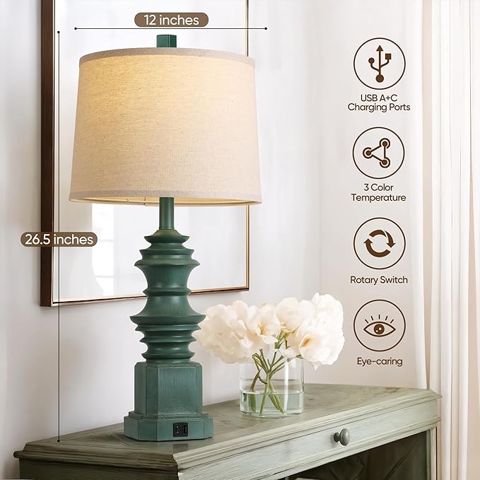 QiMH Table Lamps for Nightstand Set of 2, Bedside Lamp with USB A+C Charging Ports, Farmhouse Table Lamp with Linen Lampshade, Lamps for Living Room, Bedroom Lamps with LED Bulbs, Green