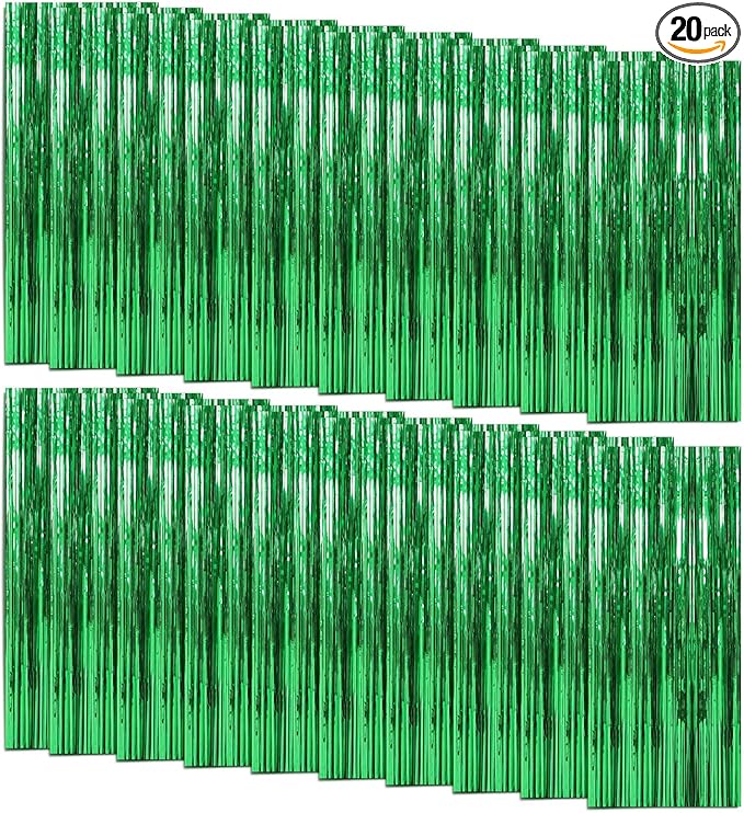 20 Pack Foil Curtain Backdrop Green Metallic Tinsel Foil Fringe Curtains Photo Booth Props for Birthday Wedding Engagement Baby Shower Bachelorette Christmas Holiday Celebration Party Decorations