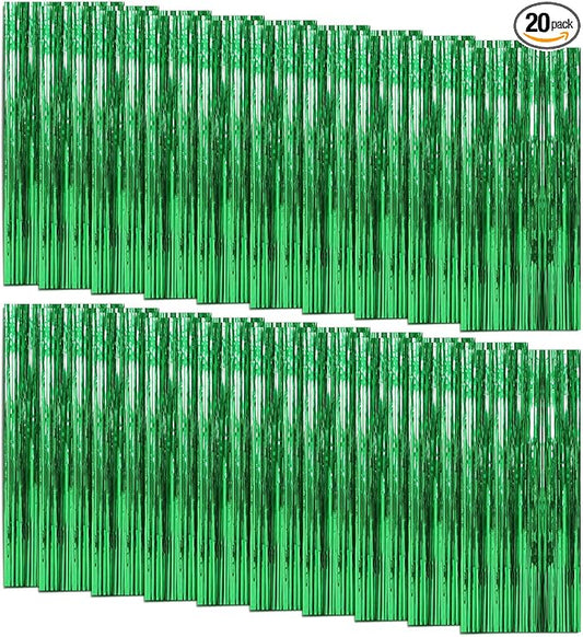 20 Pack Foil Curtain Backdrop Green Metallic Tinsel Foil Fringe Curtains Photo Booth Props for Birthday Wedding Engagement Baby Shower Bachelorette Christmas Holiday Celebration Party Decorations