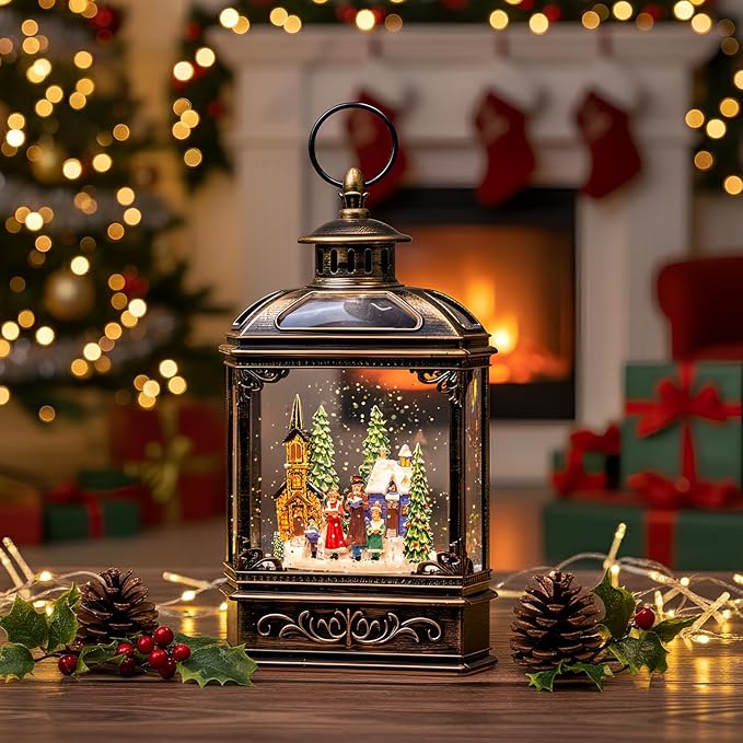 Christmas Snow Globe Lantern Water Glittering Town Home with Carolers, Music & Timer, USB Lined/Battery Operated Lighted Lantern for Christmas Festival Decoration Gifts