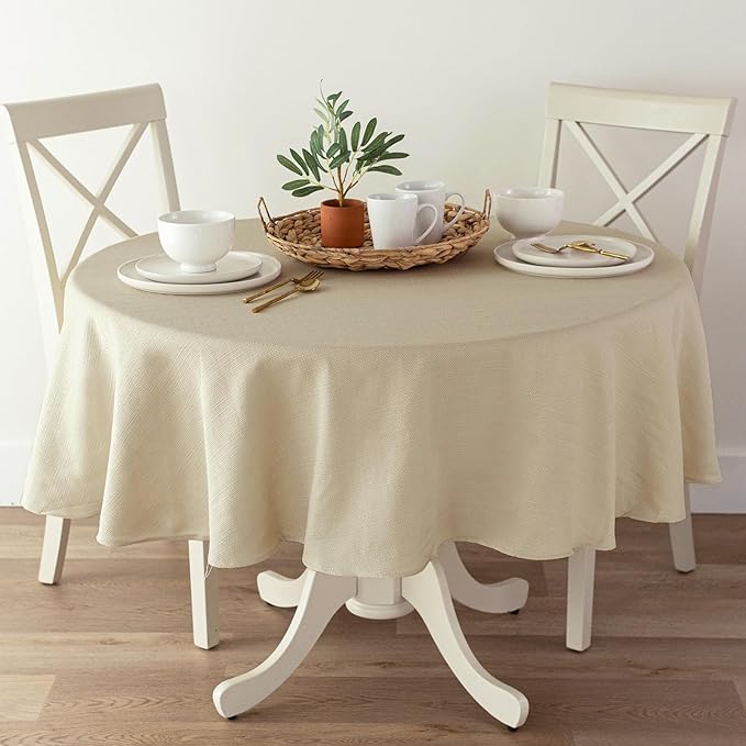 Benson Mills Cameron Textured Fabric Table Cloth, for Everyday Home Dining, Parties, Weddings & Holiday Tablecloths (70" Round, Flax/Beige/Taupe)
