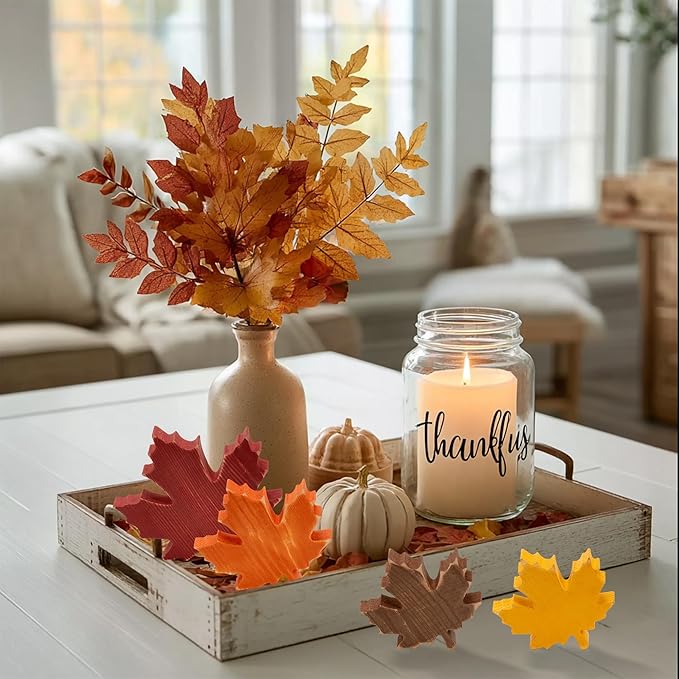 4PCS Fall Wooden Leaves Decor Wood Maple Leaf Sign Thanksgiving Table Decor Gift for Autumn Farmhouse Rustic Centerpieces Tabletop Tiered Tray Shelf Props Vintage Harvest Home Indoor Decorations