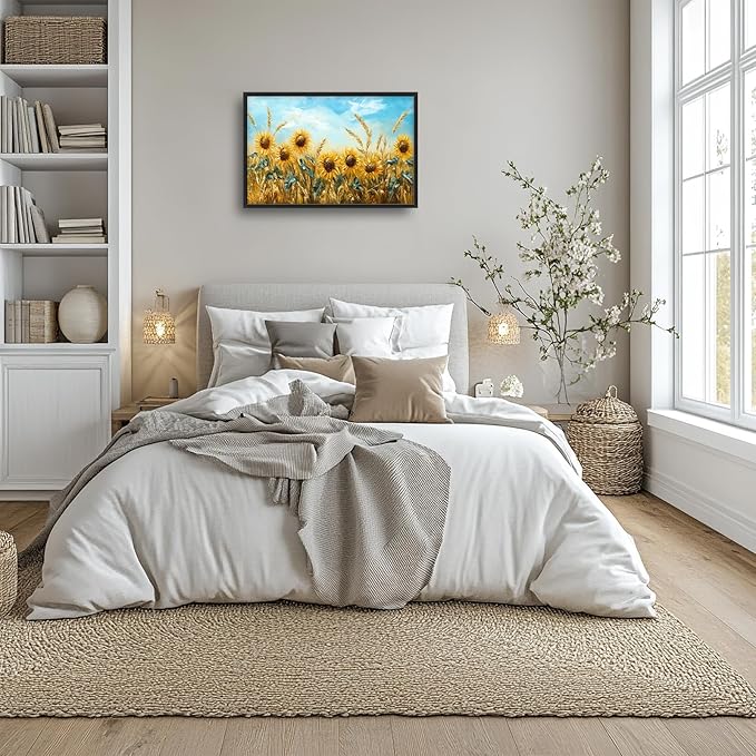 Olivine Large Wall Art, Sunflower Pictures Wall Decor, Sunflower Wheat Painting, Nature Landscape Canvas Prints, Framed Artwork for Living Room Bedroom Bathroom Office Home Decoration 36"x24"