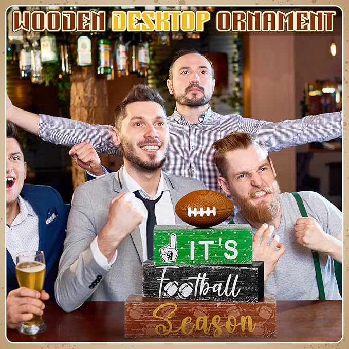 Geelin 4 Pcs Football Table Decorations Fall Football Tiered Tray Decor Wooden Sign Centerpiece Decorative Faux Book Stack Block for Coffee Table Fireplace Mantel Floating Shelf