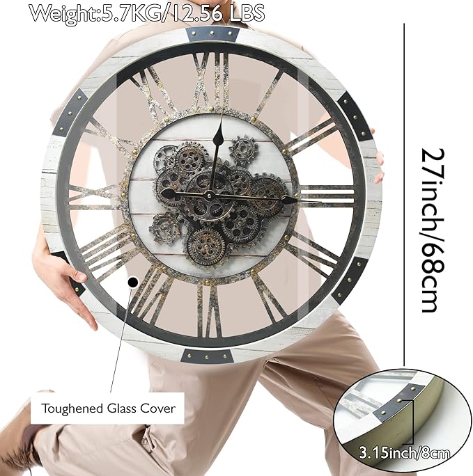 27" Large Real Moving Gears Wall Clock with Toughened Glass Cover Solid Wood Retro Metal Skeleton Oversized Vintage Steampunk Rustic Clock for Living Room Decor Home Farmhouse Kitchen(Desert Beige)