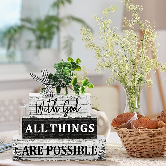 Geelin 4 Pcs Christian Wooden Sign Farmhouse Rustic Eucalyptus Leaves Wood Block Sign Table Centerpiece Religious Tiered Tray Decor Centerpiece Decor for Home Summer