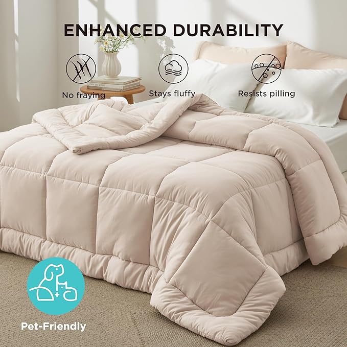 Bedsure Comforter Duvet Insert - Quilted Comforters Oversize Queen Size, All Season Duvet, GentleSoft Down Alternative Bedding, with 8 Tabs, Gifts for Women/Men, Beige, Oversize Queen 98 x 98 Inches