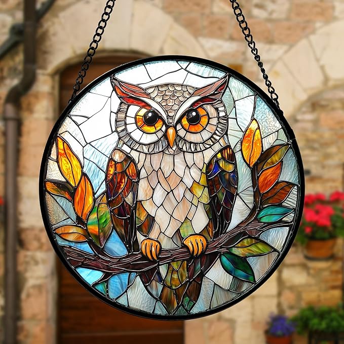 Stained Glass Window Hanging, Owl Colorful Leaves Birds Sun Catchers Diamond Glass Panel Hangings Suncatcher Decor for Birthday for Women, Men, Wife, Aunt, and Mom 6.3 in