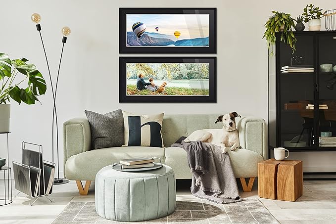 12x36 Black Wood Frame with Black Mat | 16x40 Frame Matted to 12x36 | Display Your Artwork Under UV Acrylic Shatter Guard Front, with Foam Board Backing and Wall Hanging Hardware - Solid Pine Frame