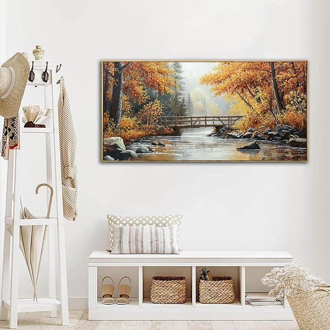 KLAKLA Canvas Wall Art - Rustic Landscape Burnt Orange Forest Tree Creek Print Picture Framed Artwork for Living Room Bedroom Office Wall Decor - 48x24 Inches