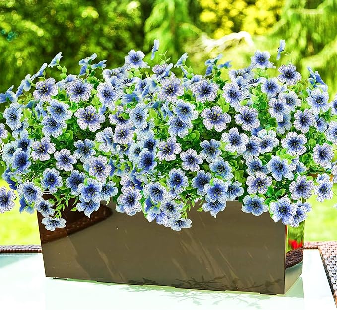Agusbagli 10 Bundles Artificial Flowers Outdoor UV Resistant Fake Flowers No Fade Faux Plastic Greenery Shrub Plants for Wedding Home Garden Window Box Fireplace Thanksgiving Christmas Decor, Blue