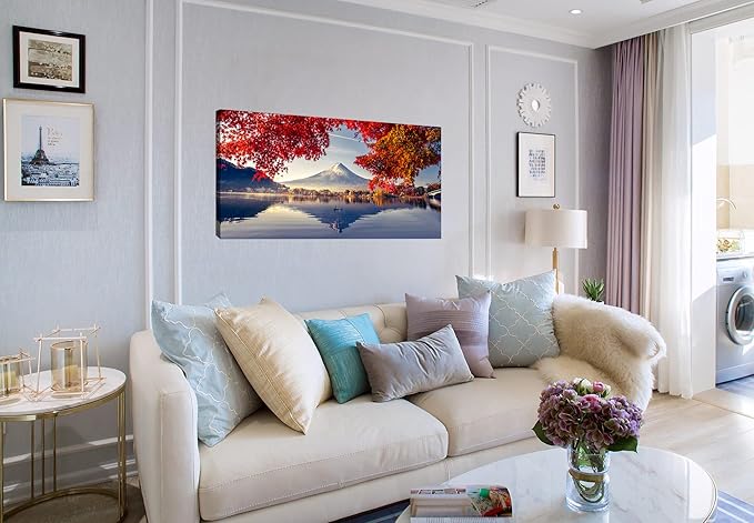 YYYYHPP YP1662 Canvas Prints Mountain Fuji with morning fog and red leaves at lake Kawaguchiko Nature Picture Wall Art Framed Artwork for Living Room Bedroom Kitchen Home and Office Wall Decor