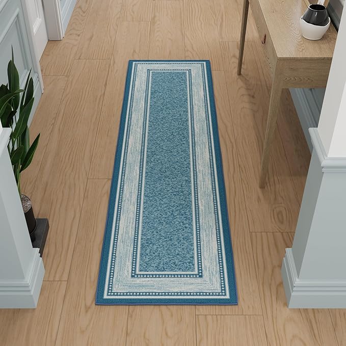 Ottomanson Hallway Runner Rug 1'10" x 7' Non Slip Border Area Rugs Easy to Clean Laundry Rug Runner Durable & Pet Friendly Floor Carpet Runners for Hallways Entryway Living Room Kitchen, Turquoise