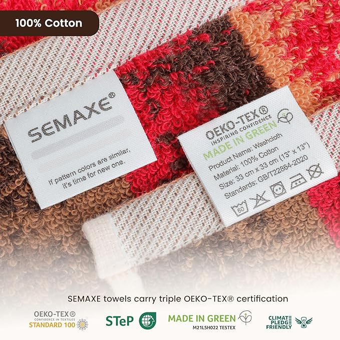 SEMAXE 100% Cotton Washcloths 12-Pack, 13 × 13 Inch Soft Luxury Face Towels – Super Absorbent & Quick-Dry, Premium Cloth with Hanging Loop, Oeko-TEX Certified, Gift-Ready Box