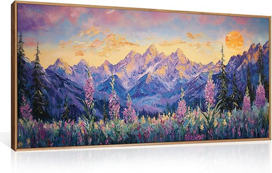 HOURIA Purple Sunset Mountain Landscape Framed Canvas Wall Art Set,Nature Pine Tree Wildflowers Wall Decor,Golden Sunlight Wall Painting,Modern Field Art Prints for Living Room, Bedroom-20 x40 x1