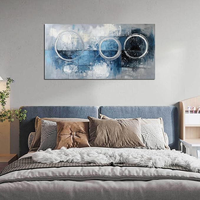 AOZEMI Abstract Wall Art Large Blue Picture Wall Decor Grey and White Circle Modern Artwork Art for Living Room Office 24"x 48"