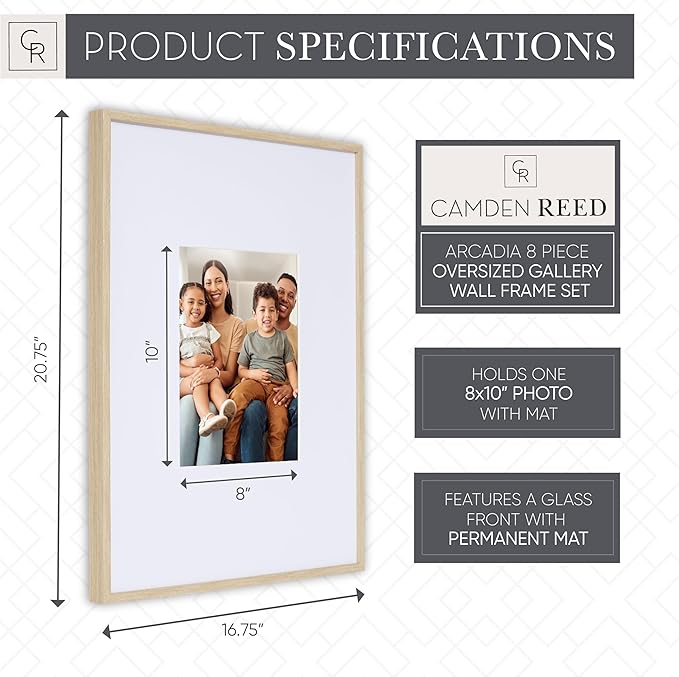 Camden Reed Arcadia 8 Piece Oversized Gallery Wall Frame, 16x20 and 16x16 Inch Matted Frames for Featuring 8x10 and 5x7 Inch Photographs or Art Prints, Natural Finish