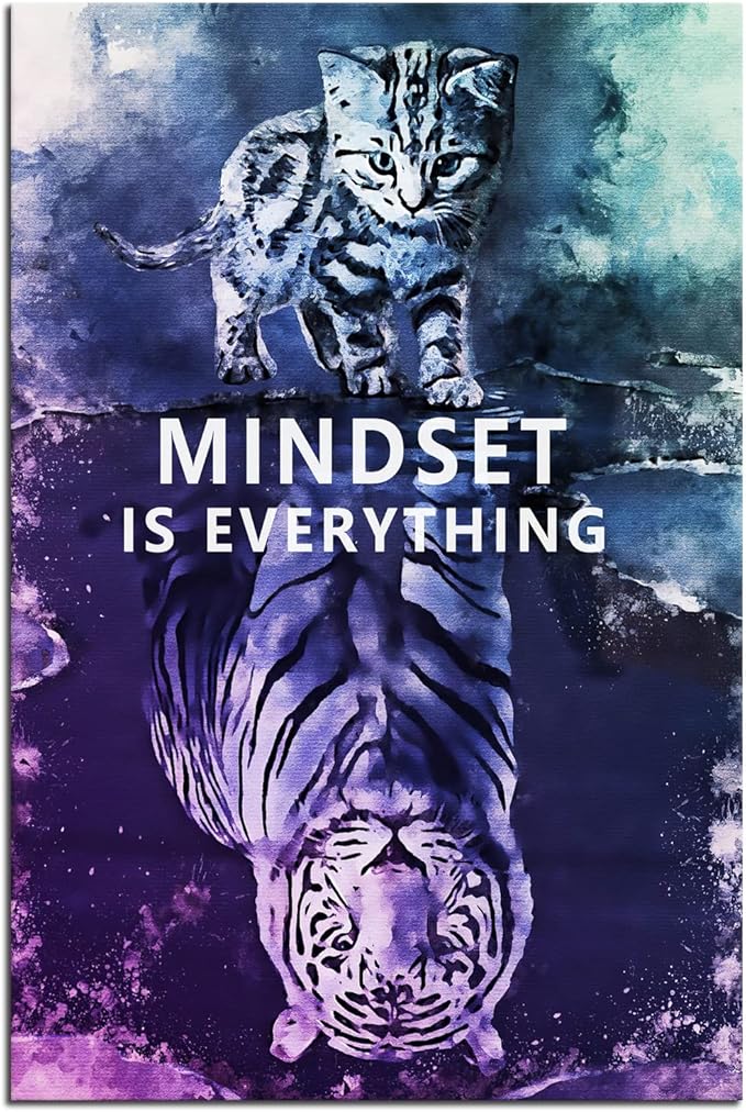 Mindset is Everything Cat and Tiger Canvas Wall Art Pictures Print Wall Art Inspirational Poster Picture Wall Painting Modern Abstract Motivational Artwork Decor Home Living Room Office[12''W X 18''H]
