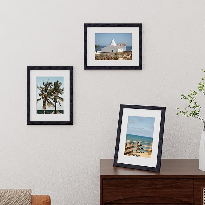 Fun Memories Solid Oak Wood Frame 8.5x11 With Real Glass - Display Poster 6x8 With Mat or 8.5x11 Without Mat - Wall Display Photo Frames, Black Color, 3 Pack