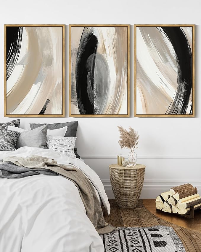 KUVIOKE Black Neutral Abstract Framed Wall Art Modern Minimalist Graffiti Pastel Wall Decor Art for Bedroom Living Room Hallway Ready to Hang 16x24in (Natural Framed)