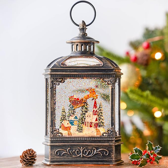 Christmas Snow Globe Swirling Glittering Lantern Santa Flying with Reindeer, USB Lined/Battery Operated Lighted Water Lantern for Christmas Festival Decoration Gifts