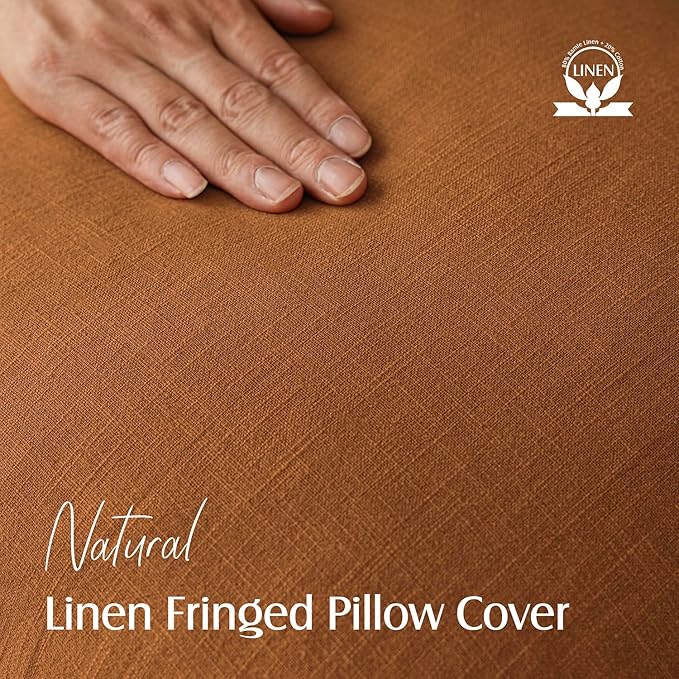 Foindtower Set of 2 Decorative Linen Fringe Throw Pillow Covers Cozy Boho Farmhouse Cushion Cover with Tassels Soft Accent Pillowcase for Couch Sofa Bed Living Room Home Decor, 22×22 Inch, Orange