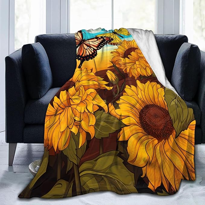 Butterfly Sunflower Blanket Gifts for Grils Women Sunshine Floral Flannel Throw Blankets for Home Couch Bed Sofa Soft Fuzzy Lightweight Decor All Season 50x40 Inches